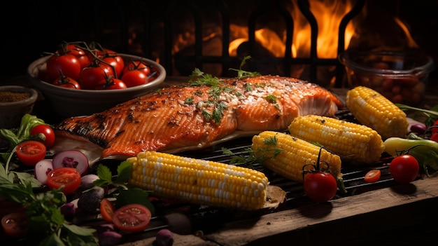 Сценический фон для фотосъемки еды с барбекю форели рыбы грилированной кукурузы и овощей