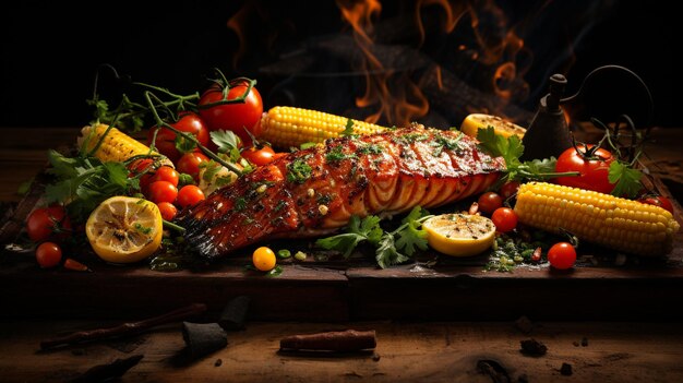 Scenic backdrop for food photography with barbecue trout fish Grilled corn on the cob and vegetabl