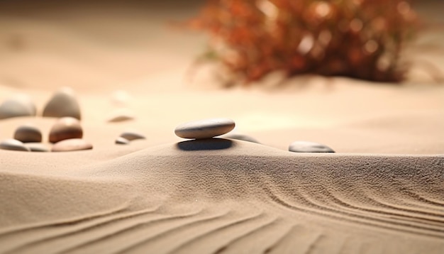 A scenic beach with a collection of rocks on the shore