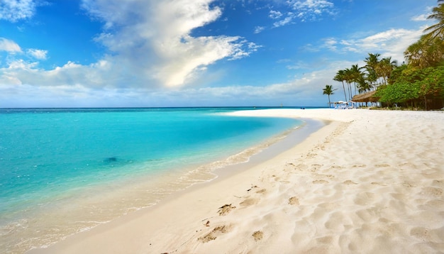 A scenic beauty unfolds white sands turquoise waves and sunny blue skies