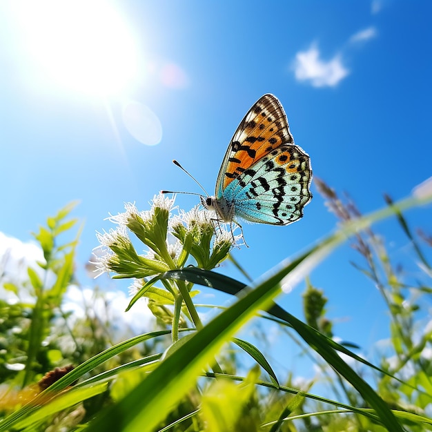 Scenic Blue Sky and Green Grass with Butterfly in the Sunny Day Light