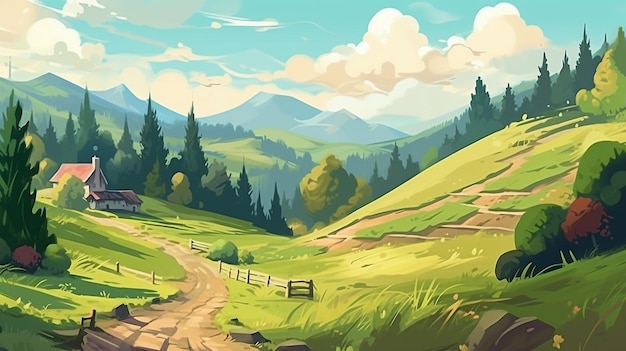 Scenic cartoon view of mountains and fields Generative AI