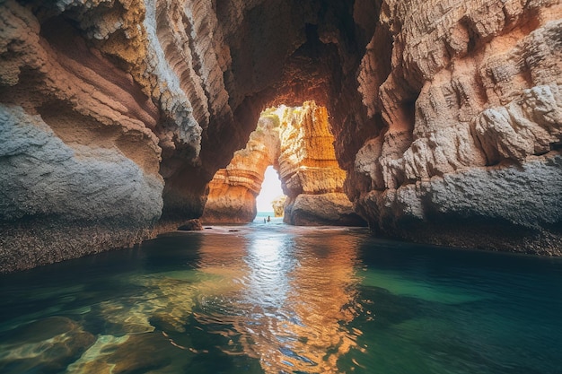 Scenic cave entrance with sea