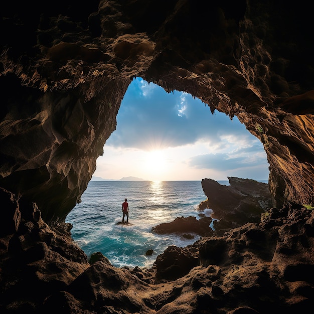 Photo scenic cave entrance with sea