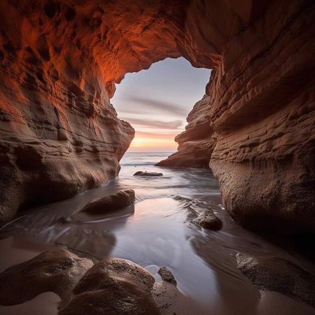 Scenic cave entrance with sea