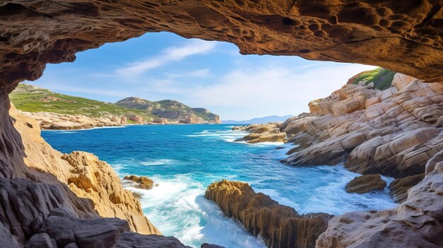 Scenic cave entrance with sea