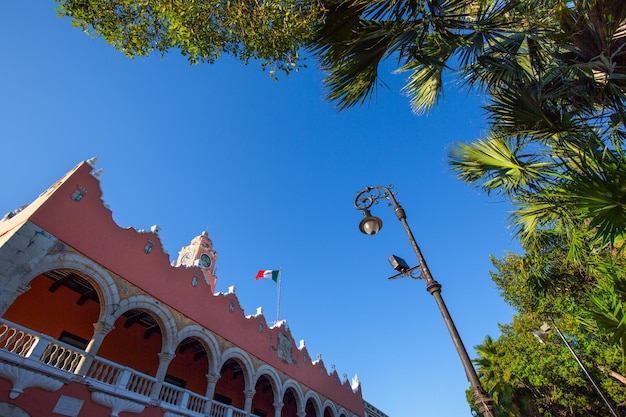 Scenic colorful houses and colonial architecture in merida\
streets in mexico yucatan