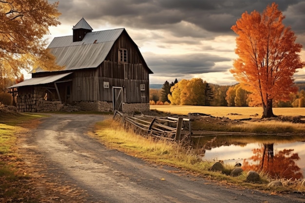 A scenic country road with a classic barn in the distance surrounded by fields and greenery An old rustic barn in an autumn setting AI Generated