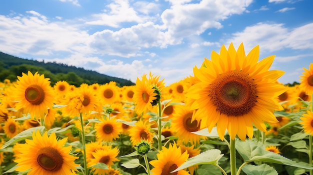 A scenic countryside with fields of blooming sunflowers