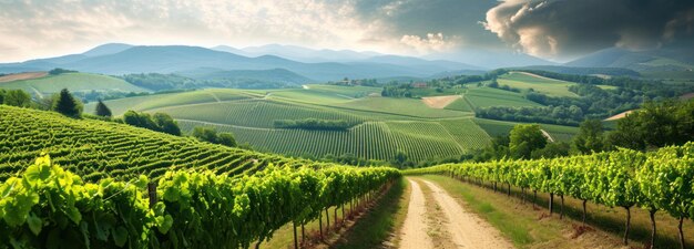 Scenic Dirt Road Through Lush Green Vineyard