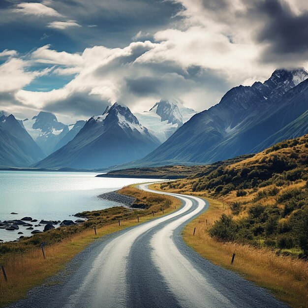 scenic drive photo of a road leading to a lake with mountains in the background a captivating scen