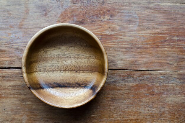 Scenic empty wooden bowl on the vintage table top