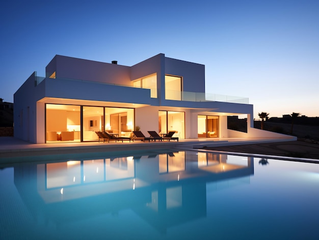 Scenic Evening View of Modern Villa Residence with Swimming Pool