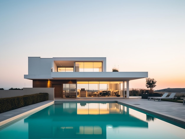 Scenic Evening View of Modern Villa Residence with Swimming Pool