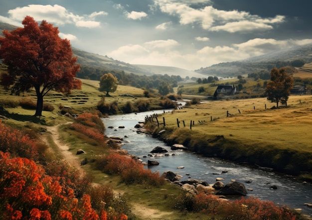 A scenic fall countryside with a winding river