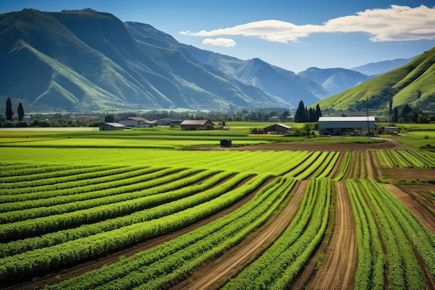 Scenic Farm Landscape With Rows Of Crops Winding Country Road And Distant Mountains Generative AI