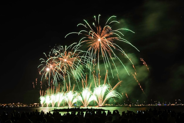 프랑스 코트다쥐르 칸 항구에서 7월 14일 축하를 위해 밤에 빛나는 아름다운 불꽃놀이