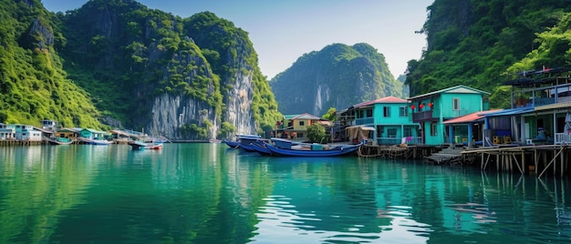 Scenic Fishing Village Hangs Above Tranquil Waters Amidst Picturesque Halong Bay