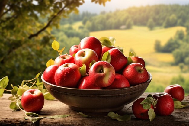 景色 の 新鮮 な 陶器 の 鉢 に 鮮やかな リンゴ が 植え られ て いる