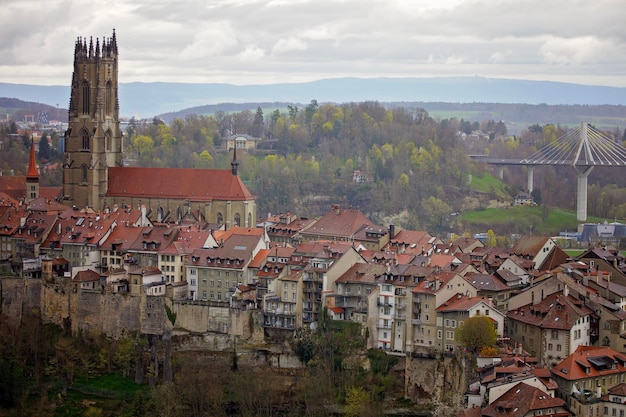 Foto paesaggio urbano panoramico di friburgo con edifici storici e fiume