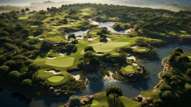 Красивое поле для гольфа, окруженное пышными деревьями и спокойными водоемами
