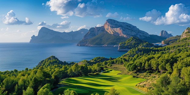 Красивое поле для гольфа с горами на заднем плане