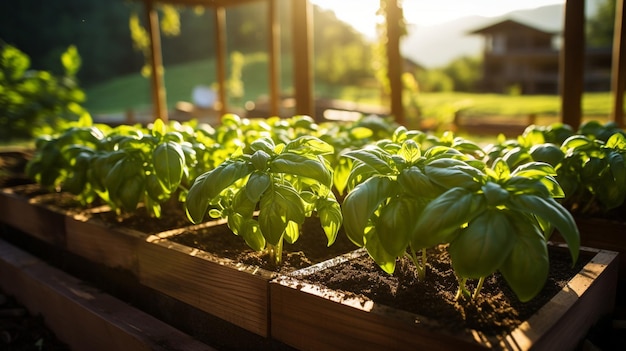 A scenic herb garden with rows of basil plants bathed in warm sunlight emphasizing their natural be