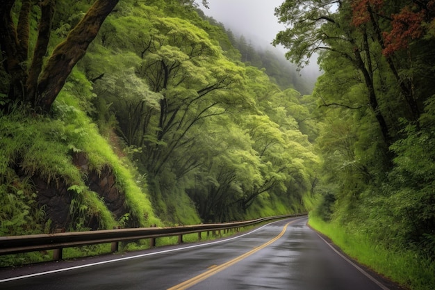 Красивая автомагистраль, окруженная пышной зеленью и высокими деревьями, созданная с помощью генеративного AI