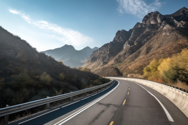 Scenic highway with dramatic mountain range in the background created with generative ai