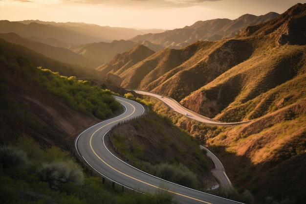 Scenic highway with twisty curves and scenic view of the mountains created with generative ai