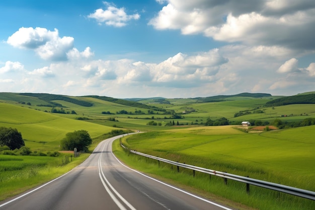 Scenic highway with view of rolling hills and farmland created with generative ai