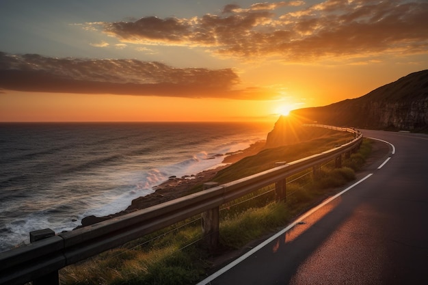 Scenic highway with view of the sunset over the horizon created with generative ai