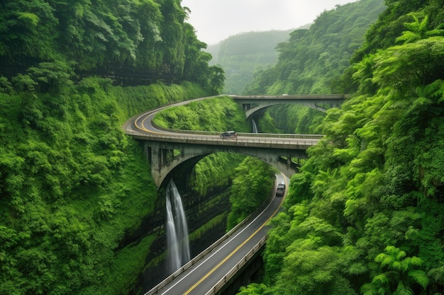 Scenic highway with waterfalls in the background surrounded by greenery created with generative ai