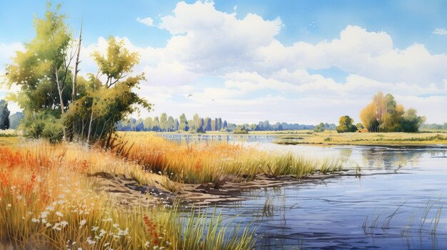 Scenic Landscape Painting Detailed Illustration Of Wetland With Dnieper River