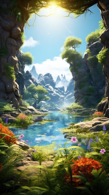 A scenic landscape painting with a river flowing through rocks and vibrant flowers