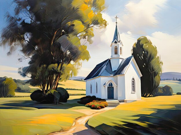 Scenic landscape with church in the forest Oil painting