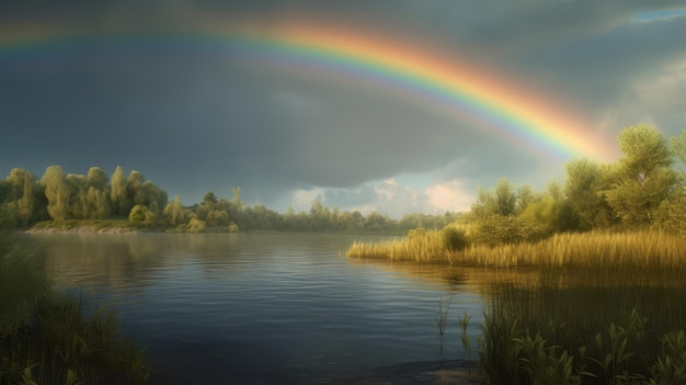 A scenic landscape with a colorful rainbow arching over a serene lake Generative ai