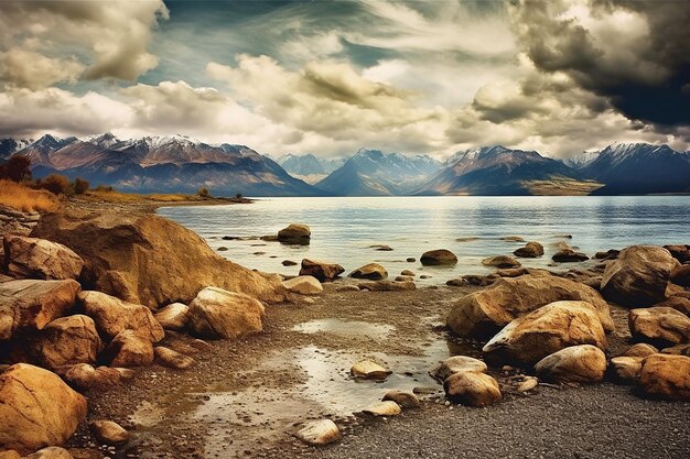 Photo scenic landscape with lake mountains rocks cloudy sky