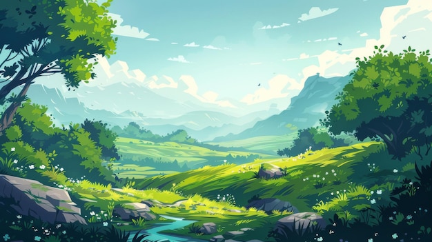 Scenic landscape with mountains river and lush green trees