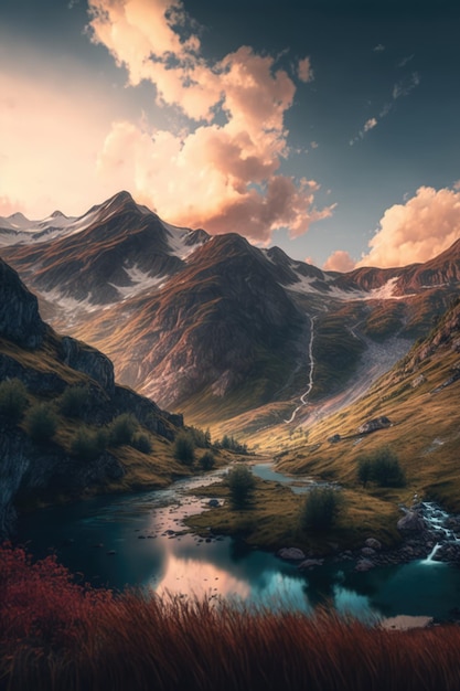 Scenic landscape with mountains stream and sky with clouds created using generative ai technology