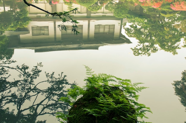 Scenic landscape with reflection in Japanese Zen pond