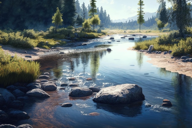 Scenic landscape with river creek and mountains created using generative ai technology