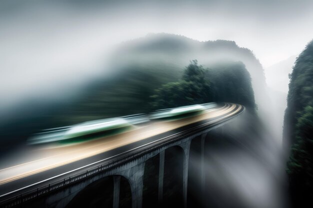 山を走る未来的な列車の風光明媚な長時間露光写真