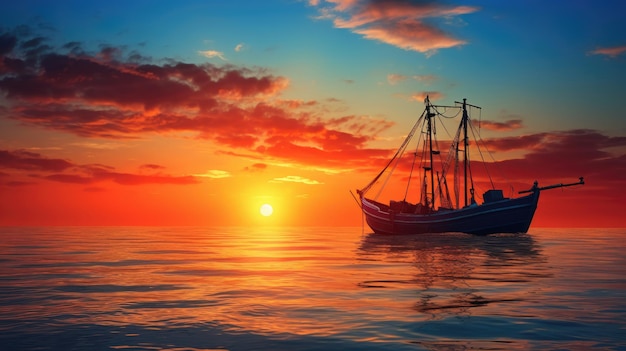 Scenic moment small fishing ship at sunset sailing amidst clouds