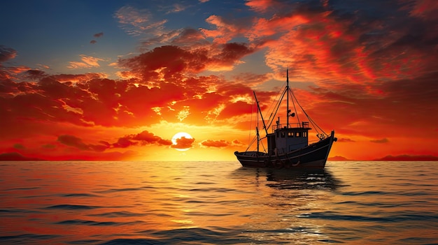 Scenic moment small fishing ship at sunset sailing amidst clouds