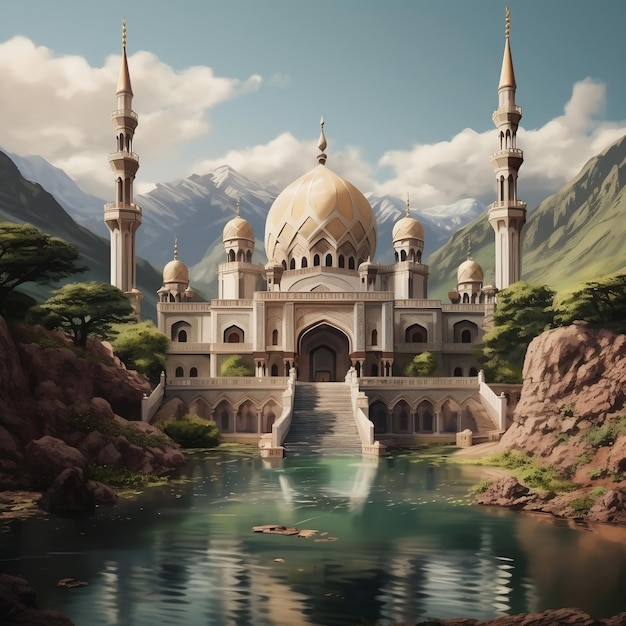 Scenic mosque in the mountains with a beautiful fountain