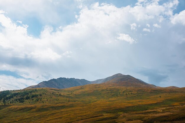 写真 麗な風景 晴れた山頂と山脈 い空の下 い秋の色彩が山の中に消える 雨の雲の下 晴れた風景 変化する天候