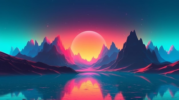 Живописное горное озеро на закате с яркими цветами Generative ai