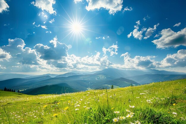 Photo scenic mountain landscape on a bright and sunny day with clear blue sky and lush greenery
