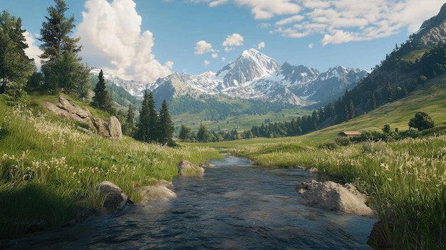 scenic mountain landscape with a flowing river and greenery